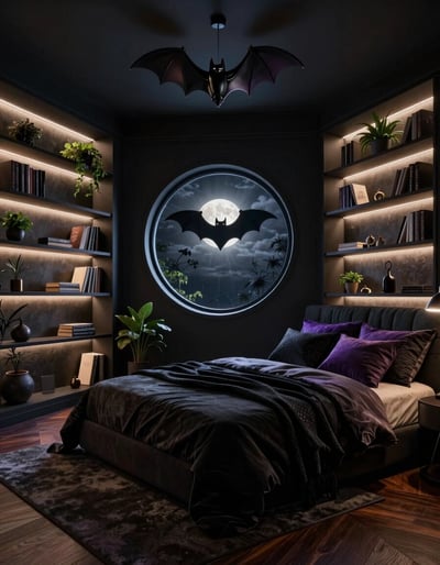 Dark Modern Bedroom with Bat Silhouette Accents