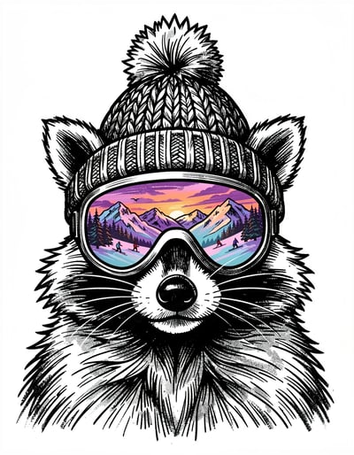 Detailed Black and White Raccoon Illustration with Colorful Ski Goggle Reflection for Stickers and Logos