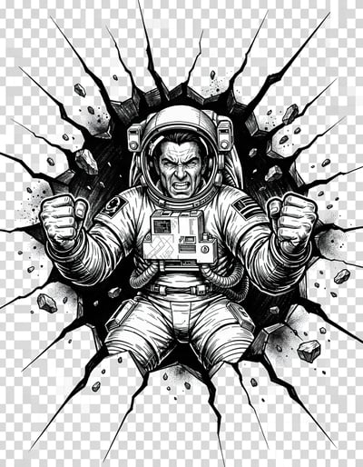 Dynamic Black and White Astronaut Breaking Through Cracked Wall Sticker and Logo Illustration