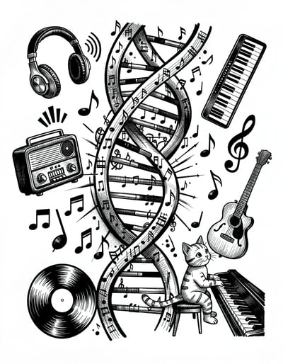 Dynamic Black and White DNA Music Illustration Featuring Stylized Musical Elements and Icons