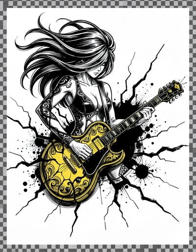 Dynamic Black and White Marker Illustration of Woman with Yellow Electric Guitar Emerging from Shattered Surface