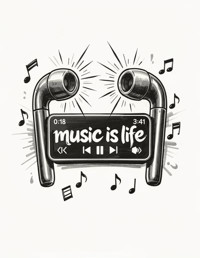 Dynamic Black and White Marker Illustration of Earbuds with Music Player and Musical Notes Sticker Design