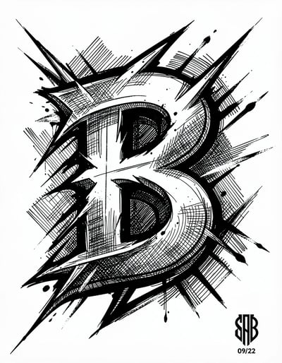 Dynamic Black and White Marker Illustration of Stylized Letter B with Expressive Linework and Hatching