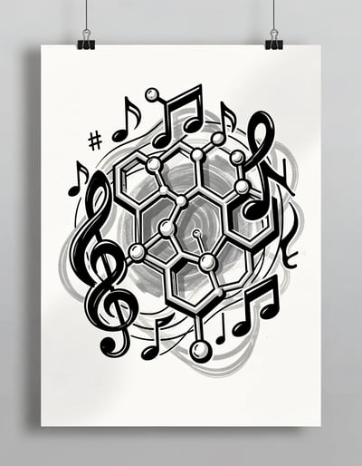 Dynamic Black and White Molecular Music Logo Design with Bold Marker Illustration