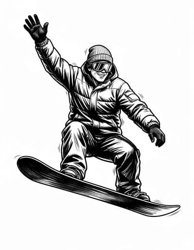 Dynamic Black and White Snowboarder Sticker Illustration with Bold Graphic Style