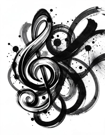 Dynamic Black and White Treble Clef Marker Illustration with Expressive Swirls and Splatters