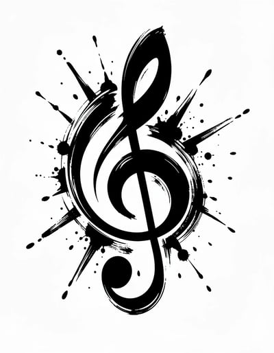 Dynamic Black and White Treble Clef Illustration with Expressive Brushwork for Music Art and Tattoos