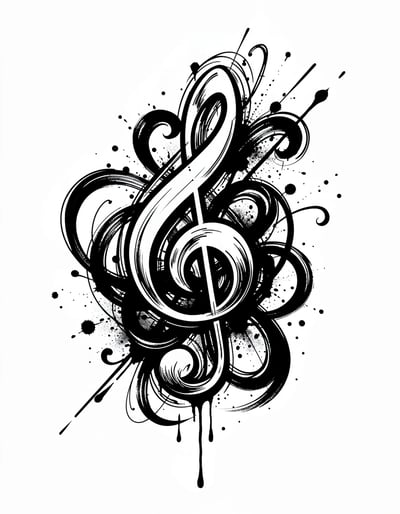 Dynamic Black and White Treble Clef Sticker Design with Expressive Ink Swirls and Splashes