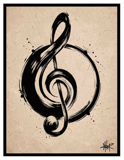 Dynamic Black Ink Treble Clef and Yin-Yang Illustration on Beige Poster