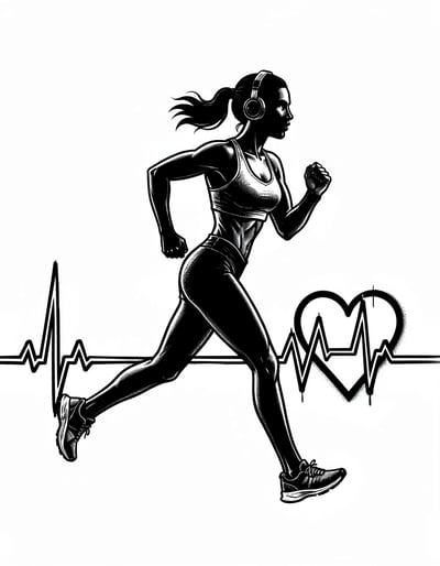 Dynamic Black Silhouette Female Runner with ECG Heartline Marker Illustration for Health and Fitness Branding