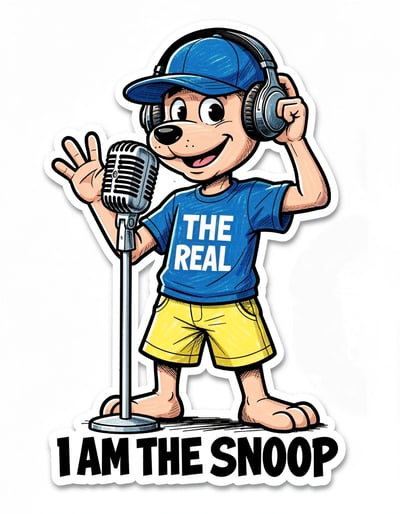 Dynamic Cartoon Sticker Design of Confident Dog with Vintage Microphone and Bold Typography