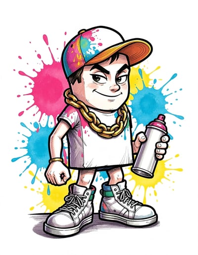 Dynamic Graffiti-Style Cartoon Rectangle Character with Spray Paint and Vibrant Splatters Marker Illustration