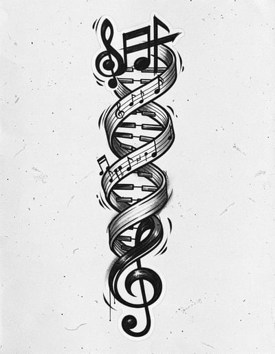 Dynamic Marker Illustration of DNA Double Helix with Musical Elements in Bold Black Design