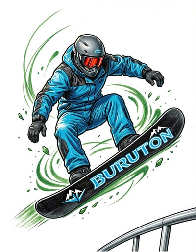 Dynamic Marker Illustration of Snowboarder Performing Aerial Stunt on Metal Rail in Blue Jumpsuit