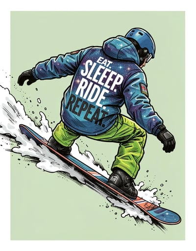 Dynamic Marker Illustration of Snowboarder Mid-Air with Bold Motivational Text for Stickers and Prints