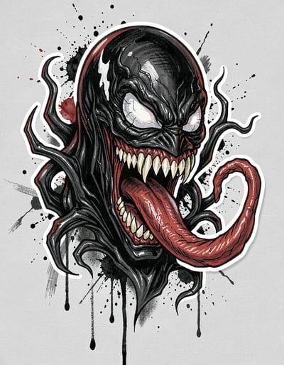 Dynamic Marker Illustration of Venom's Menacing Face with Comic Book Style for Stickers and Posters