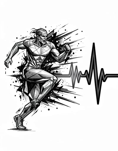 Dynamic Monochrome Geometric Runner Illustration with ECG Pulse for Modern Graphic Design
