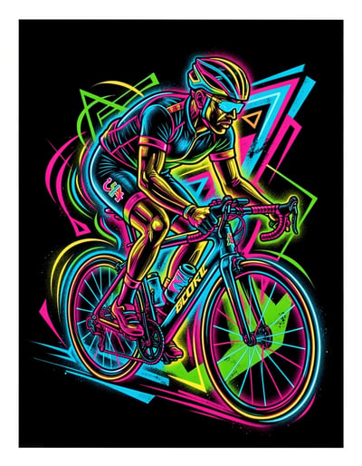 Dynamic Neon Outline Cyclist Artwork for Stickers and Posters with Vibrant Multicolor Design
