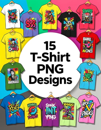 Dynamic Pop Art Banner Showcasing 15 Unique T-Shirt PNG Designs for Wearable Art Collections