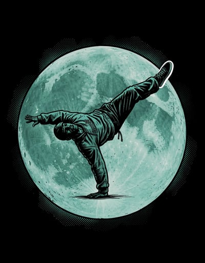 Dynamic Pop Art Breakdancer Silhouette on Teal Moon Poster and Sticker Design