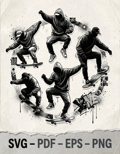 Dynamic Pop Art Skateboarder Banner with Bold Silhouettes and Urban Streetwear