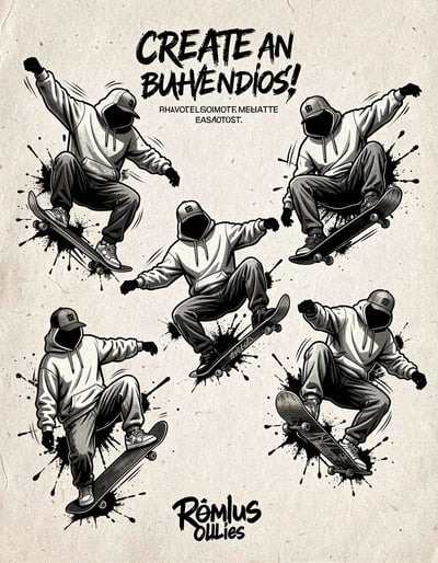Dynamic Pop Art Skateboarder Silhouettes Banner with Bold Black and White Graphics for Stickers and Prints