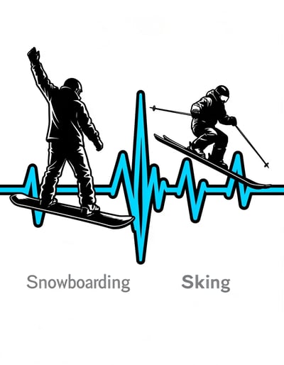 Dynamic Pop Art Snowboarder and Skier Silhouettes on ECG Waveform Banner for Adventure Sports Branding