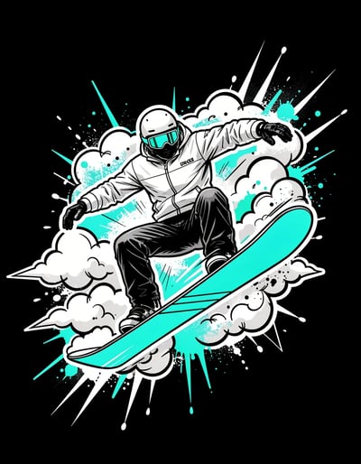 Dynamic Snowboarder Marker Illustration with Bold Graphic Elements and Vibrant Turquoise Accents