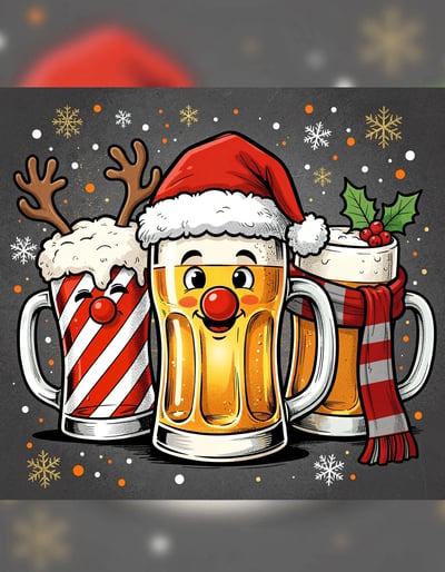 Festive Pop Art Christmas Beer Mugs Banner Illustration with Bold Graphic Style