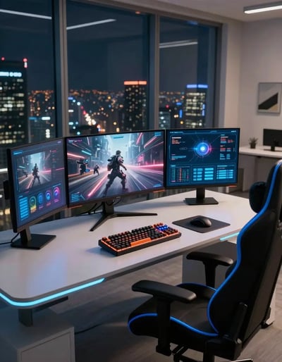Futuristic Gaming Den with City Night View