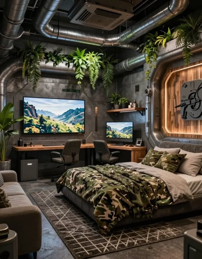 Futuristic Industrial-Chic Bedroom with Military Theme