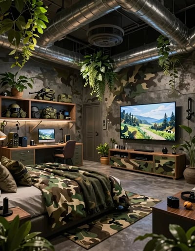 Futuristic Industrial-Chic Camouflage Bedroom