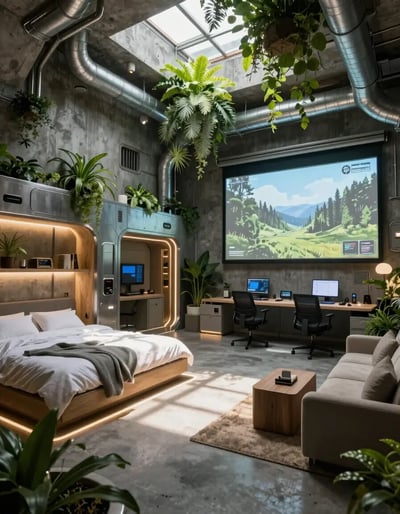 Futuristic Underground Bunker with Industrial-Chic Decor