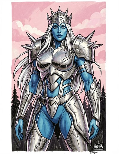 Highly Detailed Futuristic Female Warrior Marker Illustration with Silver Armor and Pink Sky Background