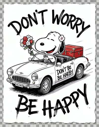 Joyful Dog Driving Convertible Sticker Art with Playful Handwritten Typography and Red Accents