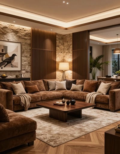 Luxurious Brown Living Room with Stone Accent Wall