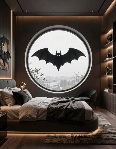 Luxurious Dark Modern Bedroom with Bat-Inspired Decor