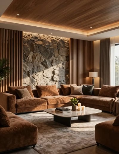 Luxurious Earth-Tone Living Room with Stone Accent Wall