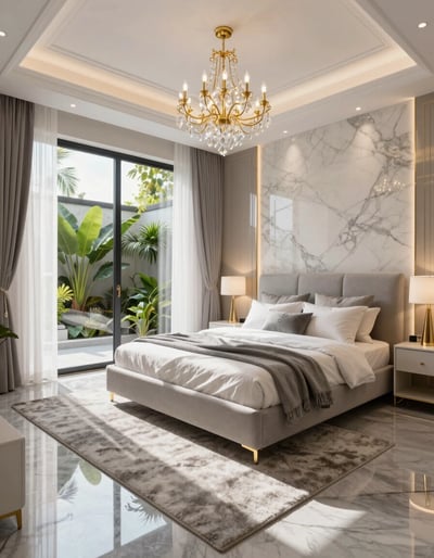 Luxurious Gray Bedroom with Marble Accent Wall