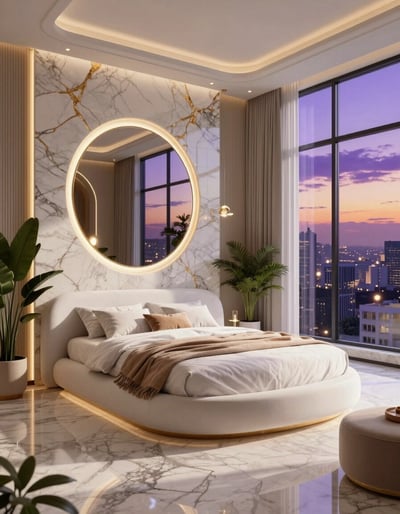 Luxurious Modern Bedroom with Illuminated Bed and Marble Accents