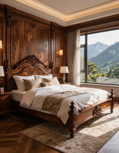 Luxurious Wooden Bedroom with Mountain View