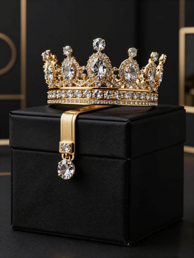 Luxury Gold Crown on Black Satin Gift Box