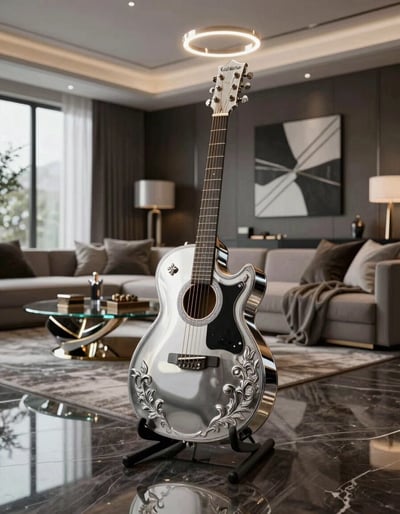 Luxury Living Room with Ornate Guitar Centerpiece