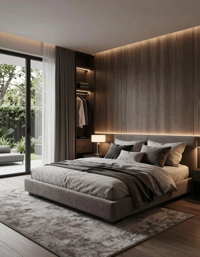 Luxury Modern Bedroom with Curved Wood Accent Wall