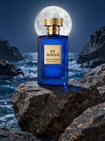 Luxury Perfume Bottle on Rocky Coast under Full Moon