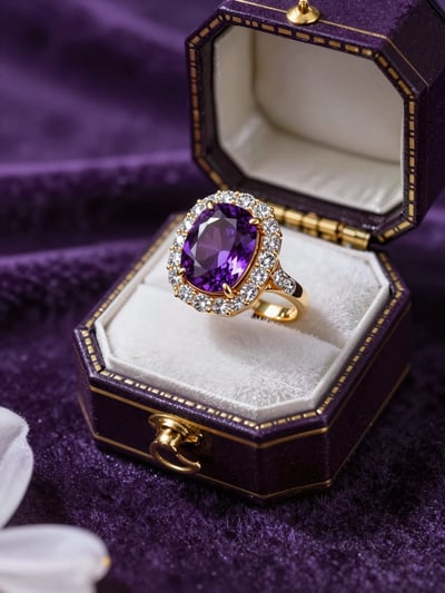 Luxury Purple Gemstone Ring in Ornate Gold Box