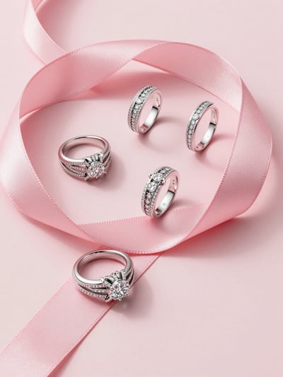 Luxury Silver Ring Collection on Pink Satin Ribbon