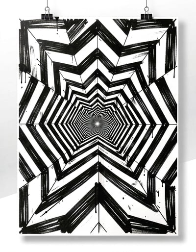 Mesmerizing Black-and-White Optical Illusion Tunnel Sticker and Poster Design
