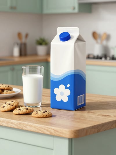 Milk Carton Mockup with Cookies and Glass of Milk