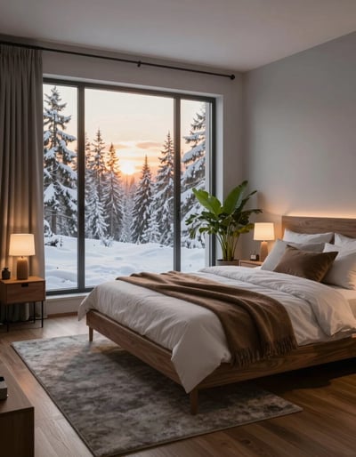 Modern Bedroom with Snowy Forest View